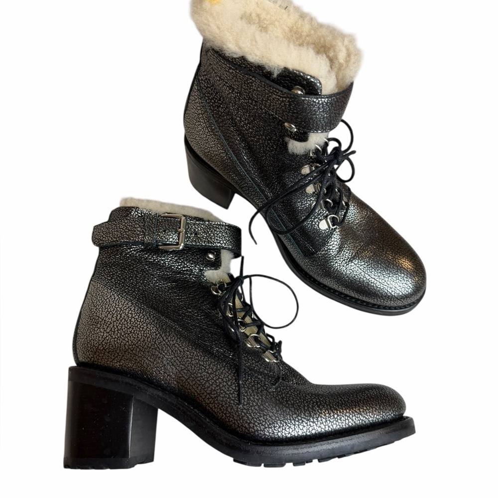 FREE LANCE Paris Shearling Lined Leather Combat Boots EU 39 Silver Metallic - Picture 7 of 14